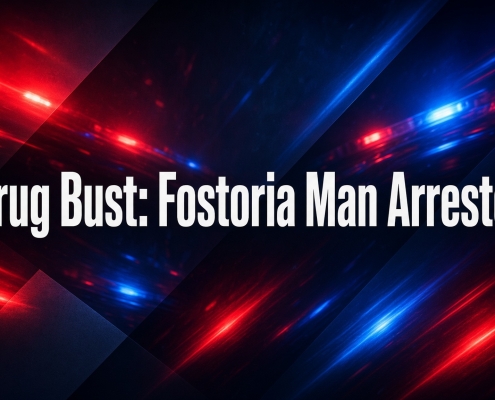Fostoria News Fostoria man arrested in drug bust with flashing police lights background.